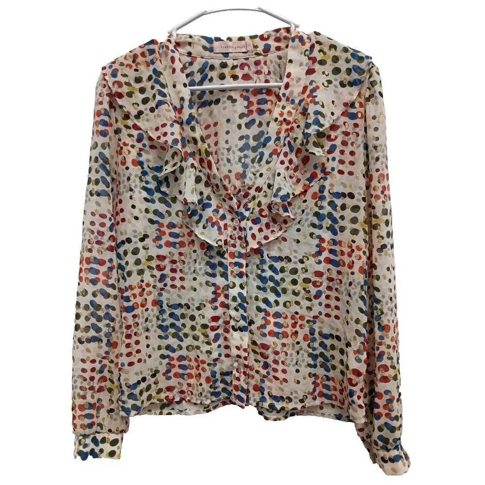 Traffic People BOHO‎ Blouse Top Womens Medium Polka Dot Ruffle Silk Long Sleeve